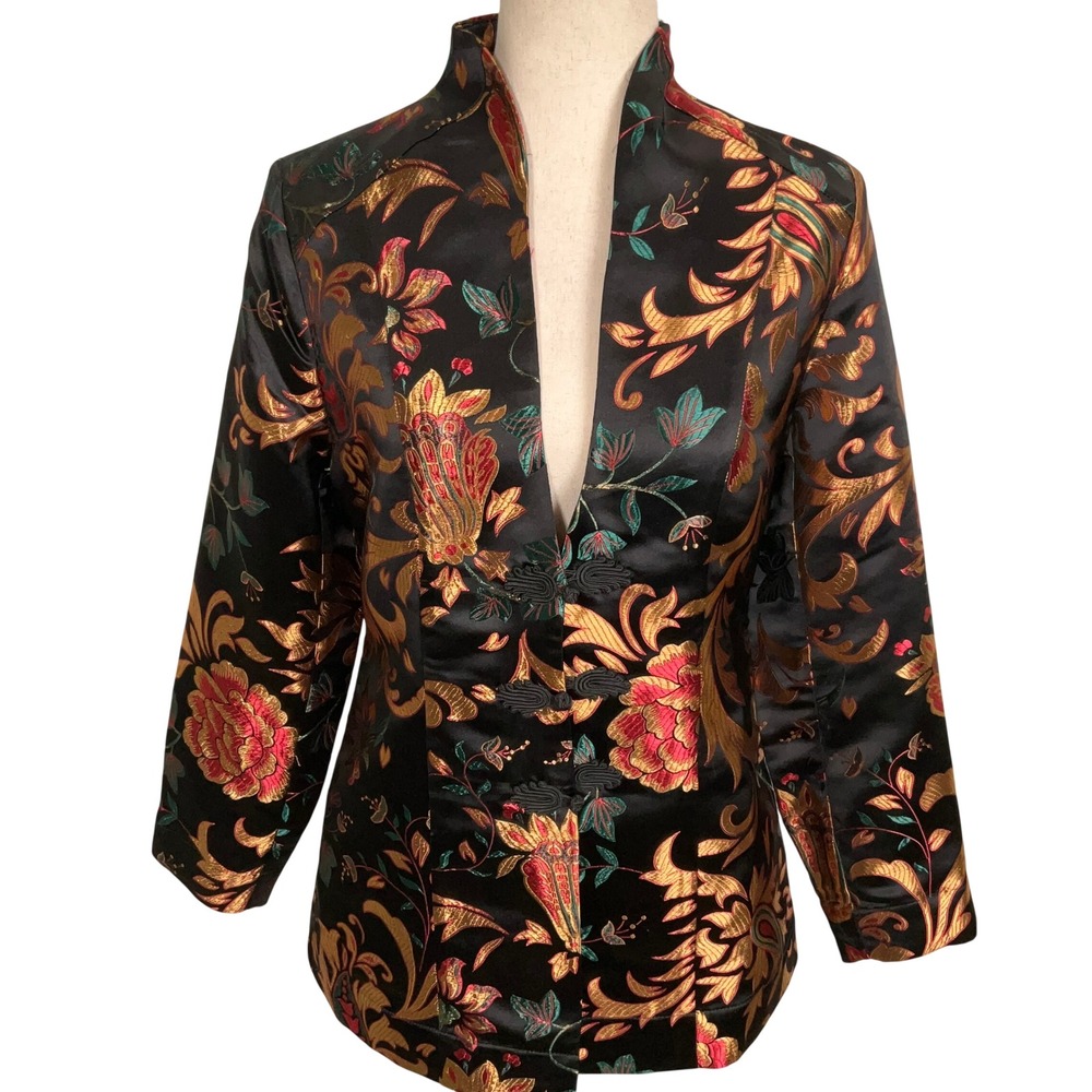 Soft Surroundings Jacket Women XS Black Gold Floral Moon Dynasty Mandarin